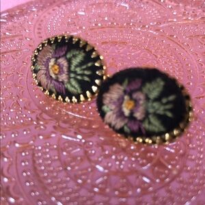 Floral Embroidered Gold and Black Earrings